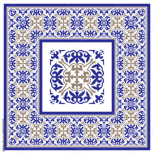 Geometric Moroccan Seamless Pattern Arabesque blue, gold, white. Moroccan azulejo pattern, Damask, majolica tile,Talavera. Portuguese azulejo tile pattern ornament, Mediterranean ceramic, arabesque