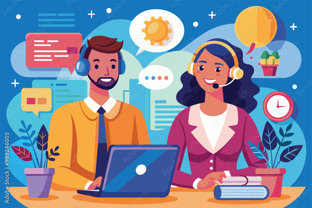 Two cheerful customer service representatives provide support using headsets while engaging with clients through various digital communication channels. Two cheerful customer service representatives provide support using headsets while engaging with clients through various digital communication channels.