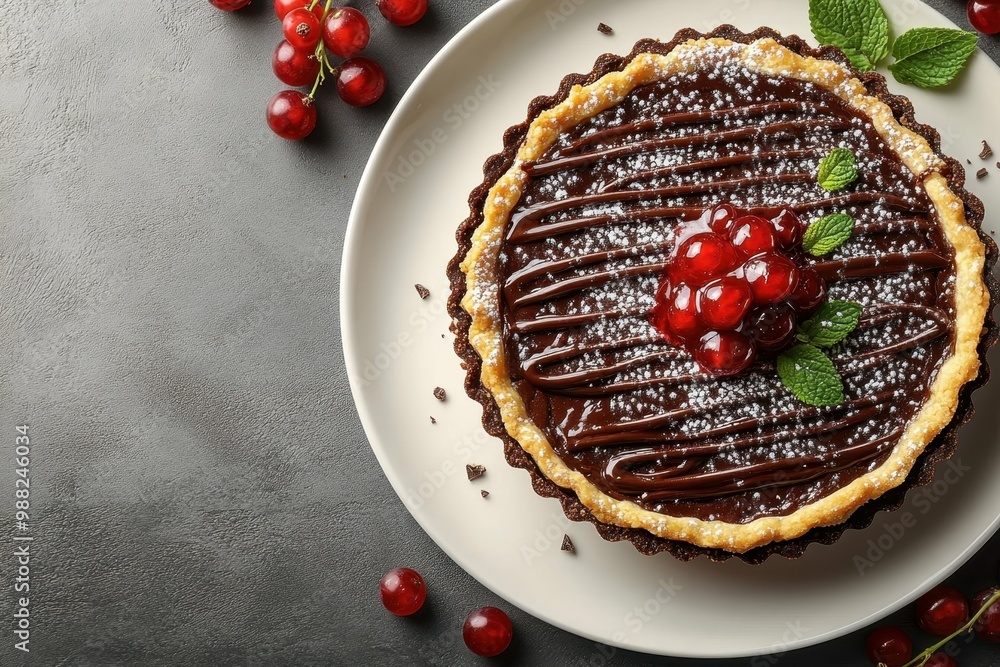 Rich chocolate tart with a berry coulis, placed on the right side of a clean white table, professional overhead shot. Rich chocolate tart with a berry coulis, placed on the right side of a clean white table, professional overhead shot.