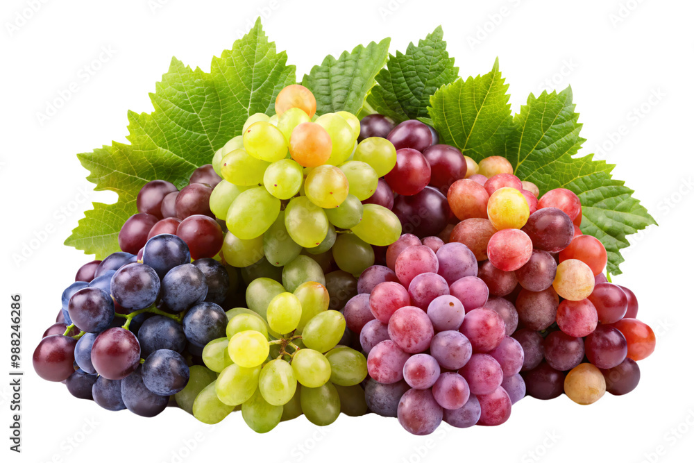 An arrangement to the first, showcasing a more dense and colorful display of mixed grapes with fresh, green leaves. The variety of colors stands out sharply, on a transparent background An arrangement to the first, showcasing a more dense and colorful display of mixed grapes with fresh, green leaves. The variety of colors stands out sharply, on a transparent background