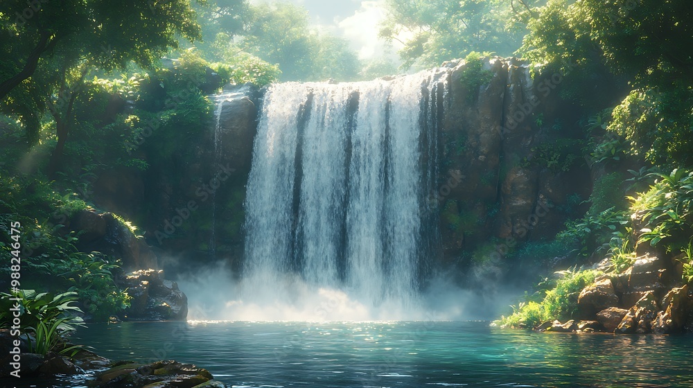 Lush green jungle with a cascading waterfall and clear blue water. Lush green jungle with a cascading waterfall and clear blue water.