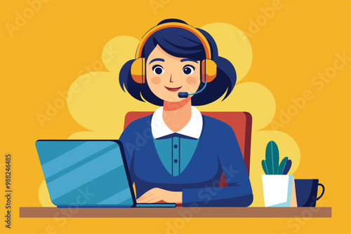 A customer service worker engages with clients through a headset while utilizing a laptop in a vibrant office environment.