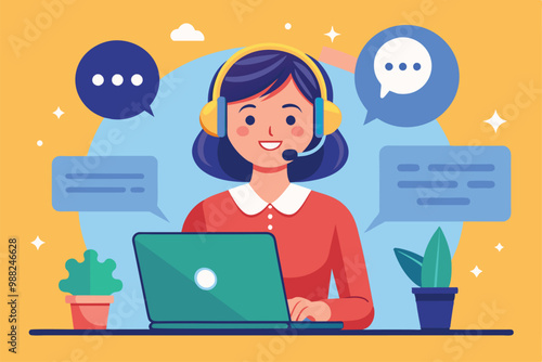 A customer service representative assists clients by responding to inquiries on a laptop while wearing a headset in a bright and cheerful home office.