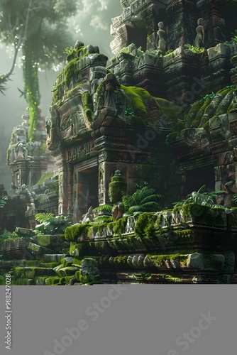 A detailed 3D rendering of an ancient temple in a dense jungle, with moss-covered stone walls, statues, and a mysterious atmosphere