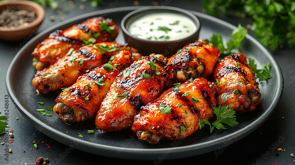 grilled chicken wings marinated in a spicy buffalo sauce