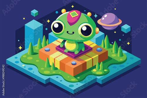 A delightful green alien sits on a colorful podium in a whimsical landscape filled with trees and stars, under a planet in a captivating night sky.