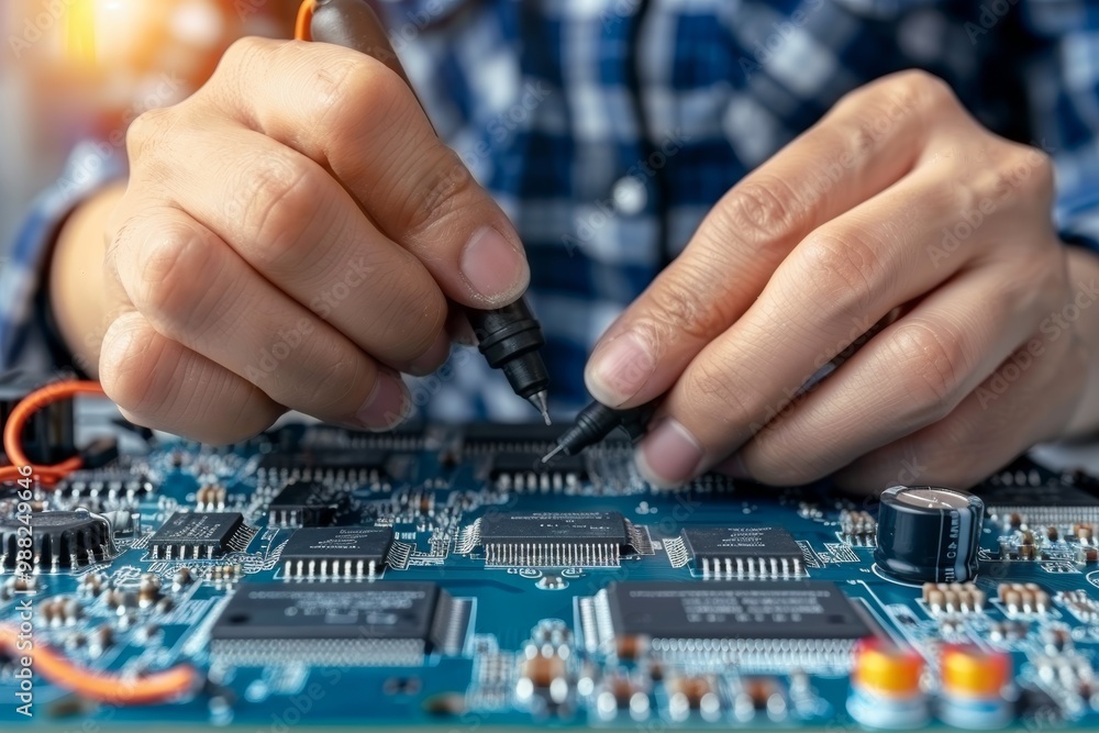 Skilled Technician Soldering Components on Circuit Board, Close Up, Electronics Repair Skilled Technician Soldering Components on Circuit Board, Close Up, Electronics Repair