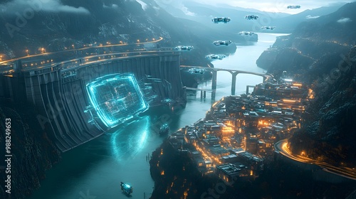 Bird's-eye view of a dam with a vast river, futuristic holographic town beneath, floating AI drones in the sky, neon and hologram effects, science fiction theme, digital art photo