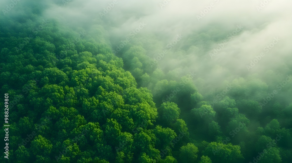 Aerial view of a lush green rainforest with a misty canopy Aerial view of a lush green rainforest with a misty canopy