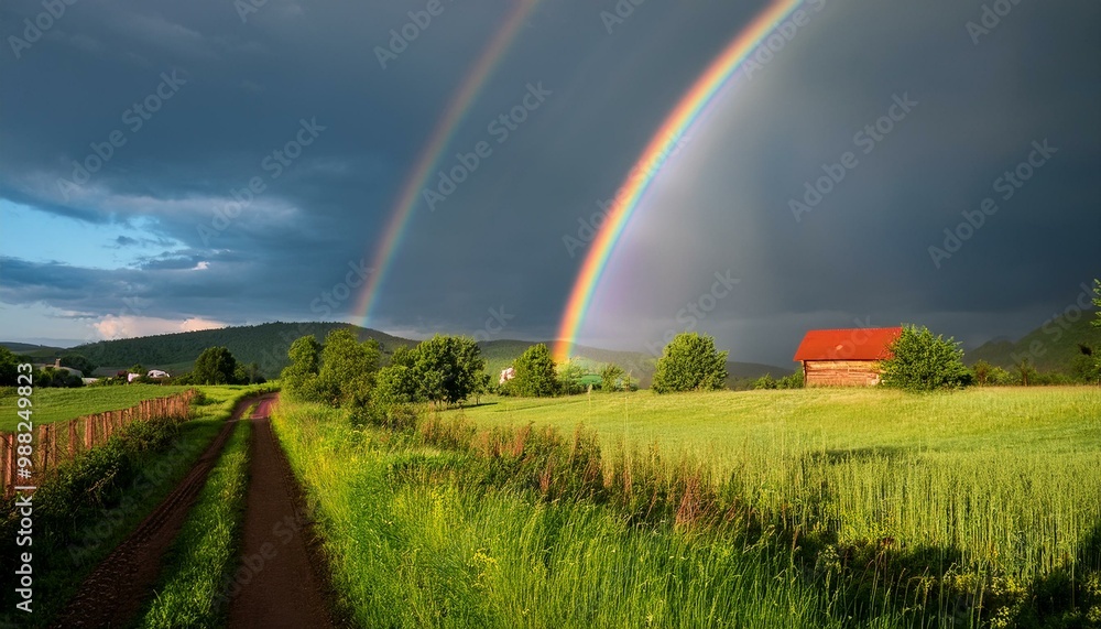 Naklejka premium Rural landscape with a rainbow after the summer rain