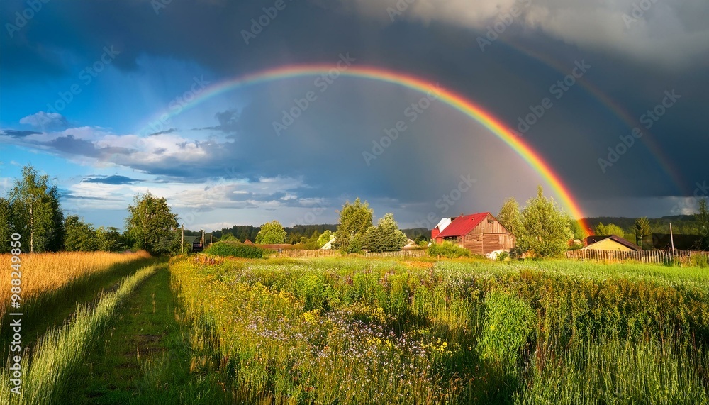 Naklejka premium Rural landscape with a rainbow after the summer rain