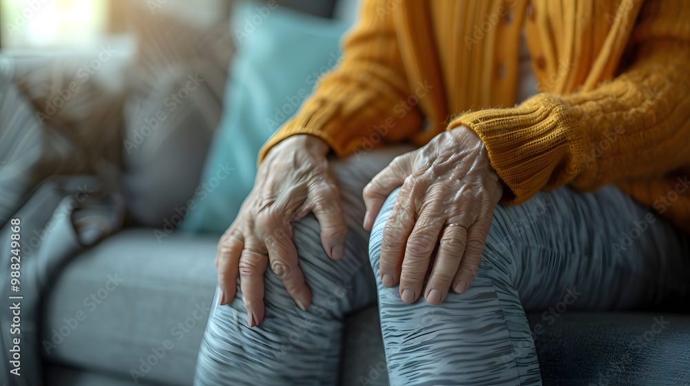 © SS Digital - Body arthritis muscles stiff problem, aged woman suffering on leg, pain knee from disease chronic, hand massage rubbing joint injury, mature hurt or sore sitting on sofa at home. He