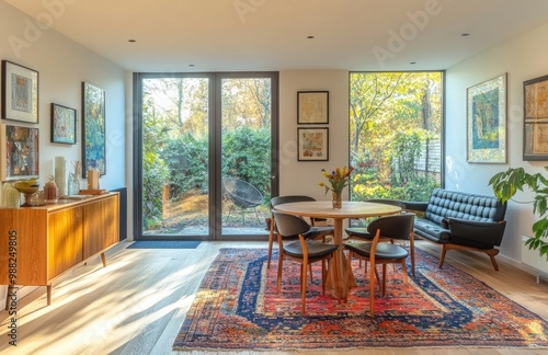 A mid-century modern dining room with large windows, glass sliding doors, and wooden floorboards. A Persian rug covers the ground, and a sideboard with frames on the wall behind it stands in the space