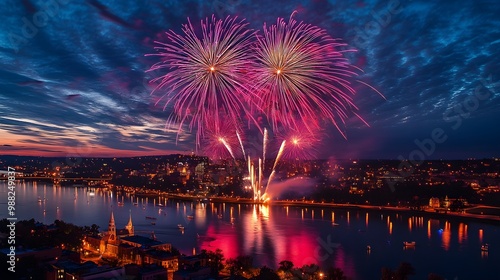 Fireworks display above a city skyline, with colorful bursts framing a panoramic view of buildings, streets, and a shimmering river in the foreground