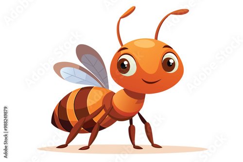 A charming cartoon ant with a joyful expression stands isolated against a white background, showcasing its adorable features and colors.