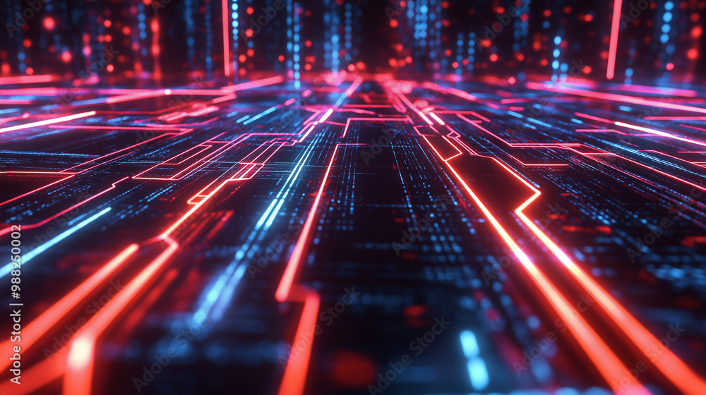 Slick, glossy black surfaces intersected by glowing red and blue neon lines, conveying a high-speed data network in motion. Slick, glossy black surfaces intersected by glowing red and blue neon lines, conveying a high-speed data network in motion.