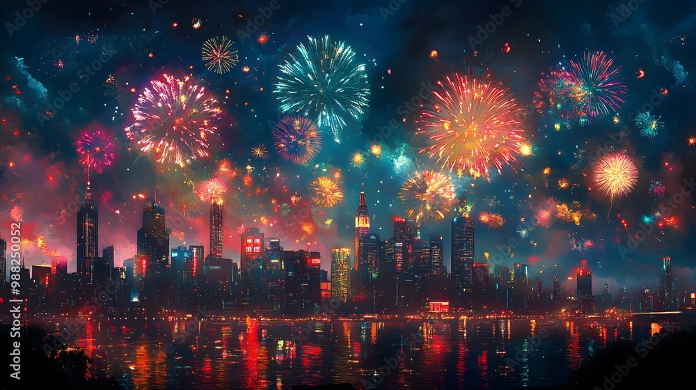 Obraz premium Psychedelic cityscape with multicolored fireworks bursting in intricate patterns, vivid neon reflections, surreal sky blending with the urban environment, watercolor style