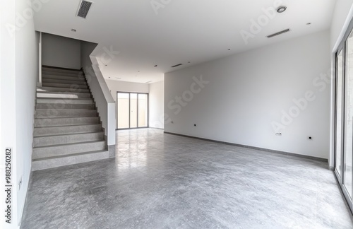 Create an empty modern living room of villa in dubai with stairs on the right side, grey concrete floor and white walls, big windows at one end of the house. Created with Ai