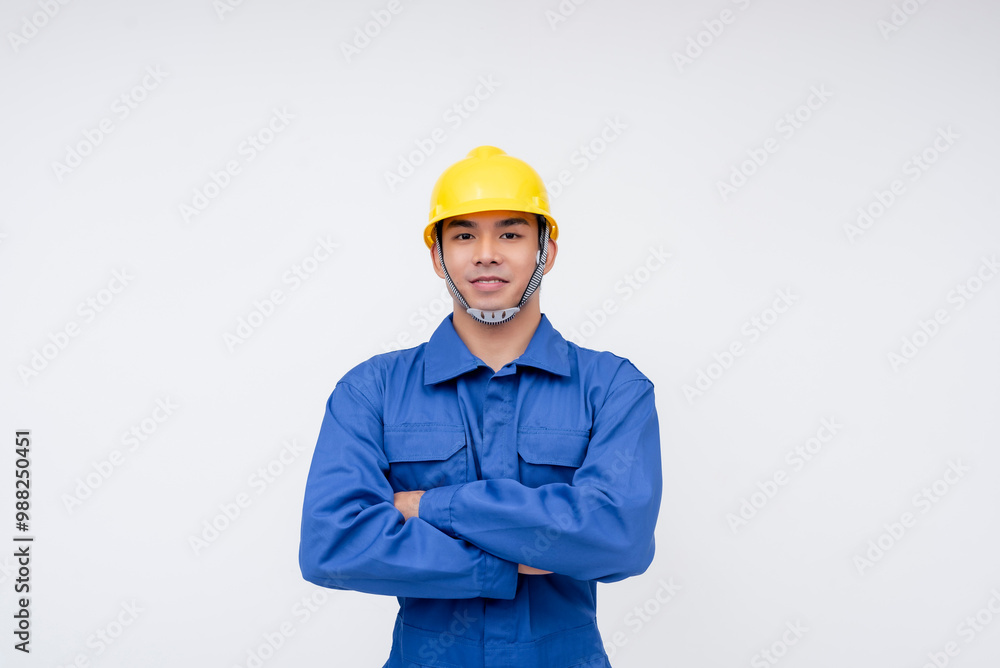 Confident young construction worker wearing blue coveralls and a yellow hard hat, standing against a white background, embodying professionalism and safety. Confident young construction worker wearing blue coveralls and a yellow hard hat, standing against a white background, embodying professionalism and safety.
