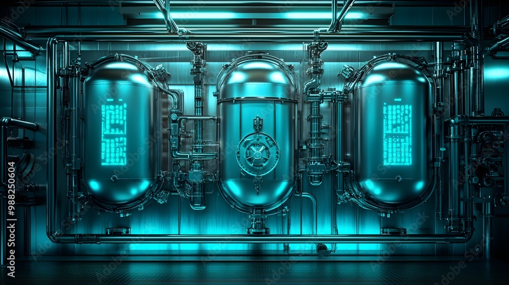 Obraz premium Top-down shot of a stainless steel tank with complex valve mechanisms, glowing softly under teal neon lights, Cyberpunk, Photorealism, Cool tones, Detailed metallic textures with soft reflections