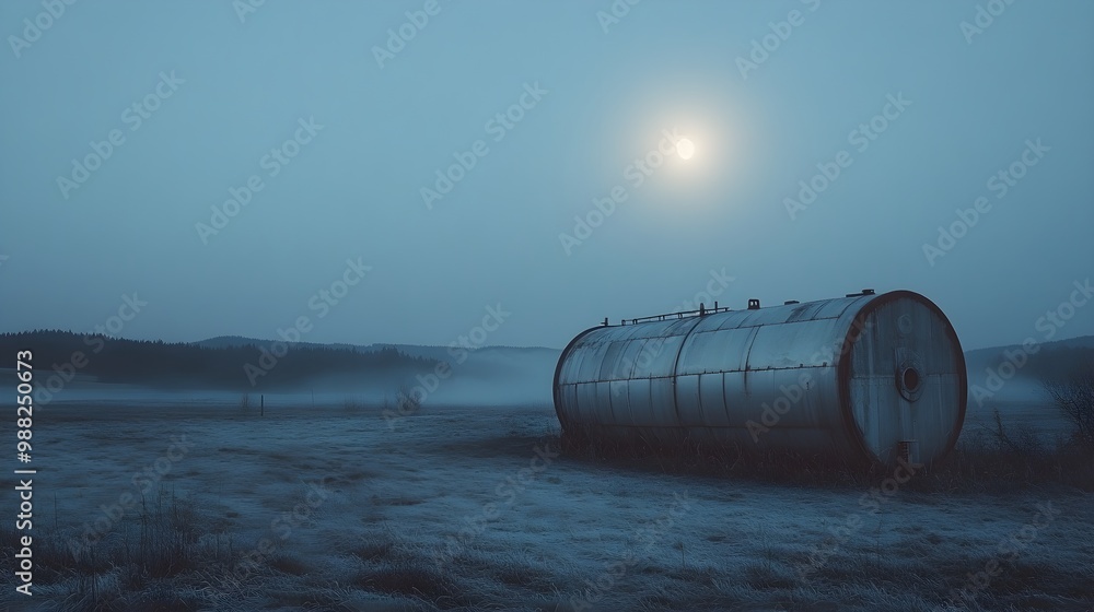 Under a soft moonlit night, an immense stainless steel tank sits in an empty field, its cold metallic sheen reflecting the tranquility of the landscape Under a soft moonlit night, an immense stainless steel tank sits in an empty field, its cold metallic sheen reflecting the tranquility of the landscape