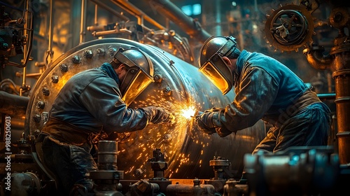 Two welders in full protective gear welding a large stainless steel tank, in a steampunk factory filled with bronze gears and pipes, with glowing sparks, Steampunk, Illustration photo