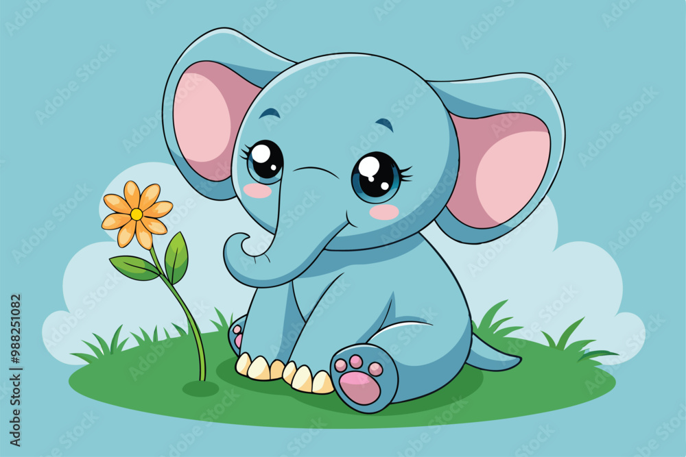 Obraz premium A cute baby elephant girl sits happily on the grass, gazing at a vibrant flower, surrounded by a cheerful blue sky.