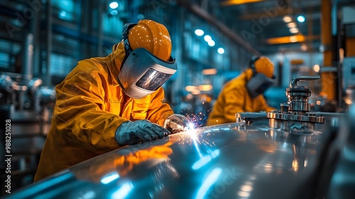 Workers in protective gear welding a stainless steel tank in a factory