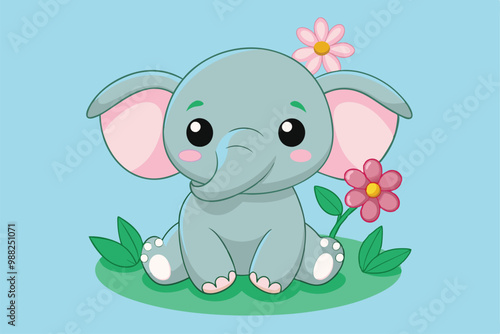 A playful baby elephant girl sits with a flower, exuding charm and innocence in a delightful natural setting under a clear blue sky.