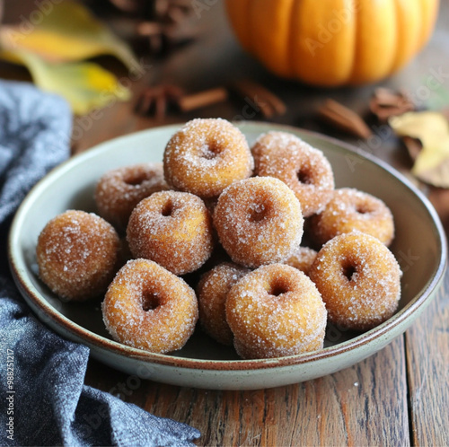 A bowl filled with golden brown fried dough balls coated in powdered sugar photo