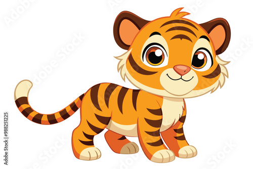 A playful baby tiger cartoon stands cutely, with bright colors and an inviting expression, perfect for children's themes and artwork.