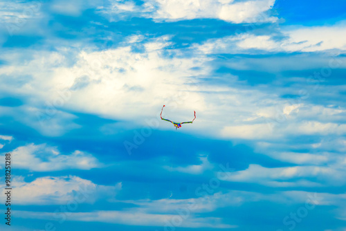 Photography multi colored kite flying in blue sky shot toronto beaches in fall room for text