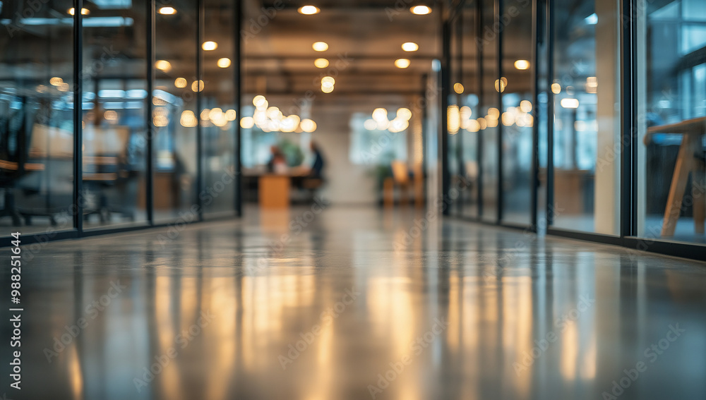 A modern office space with glass walls and a shiny floor A modern office space with glass walls and a shiny floor