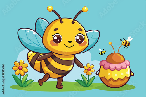 A cheerful bee mascot strolls through a vibrant meadow filled with flowers, alongside a honey pot decorated with a sweet crown.