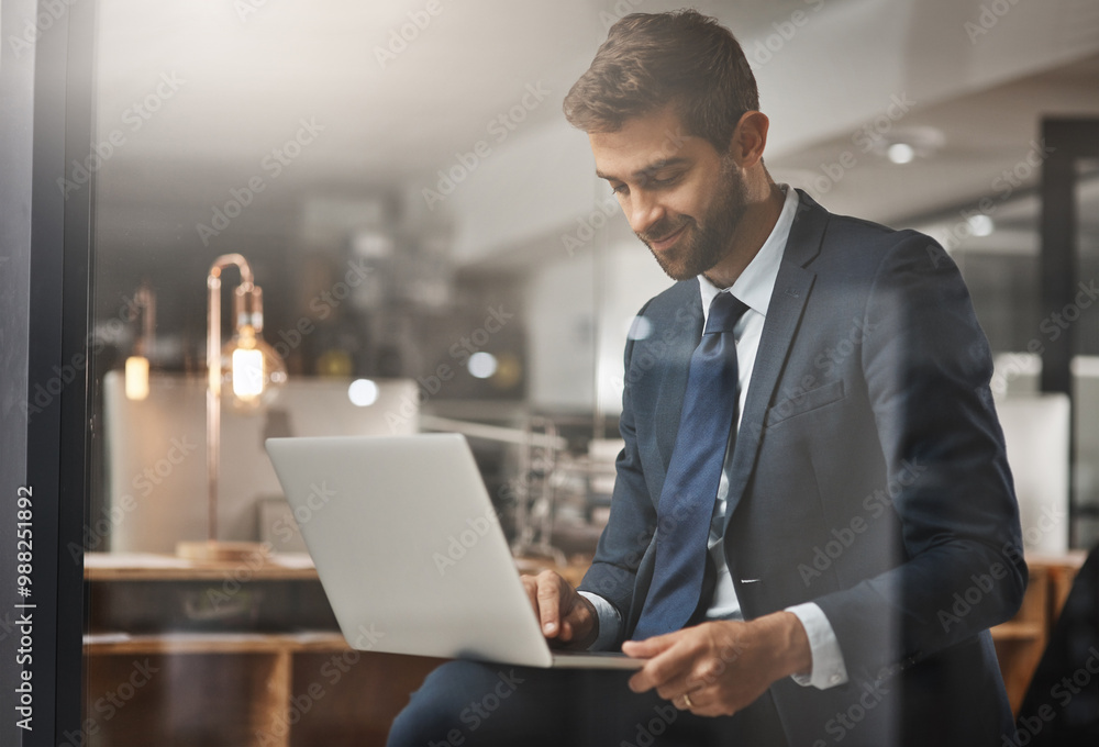 Man, smile and laptop on office for business, email and networking for growth in company. Insurance broker, computer and typing in agency for contact, feedback and online consultation in evening Man, smile and laptop on office for business, email and networking for growth in company. Insurance broker, computer and typing in agency for contact, feedback and online consultation in evening