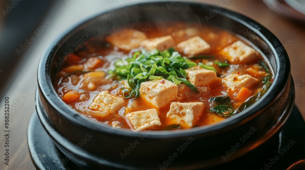 Savory Doenjang Jjigae - Korean Soybean Paste Stew with Tofu and Vegetables in Close-Up Detail Savory Doenjang Jjigae - Korean Soybean Paste Stew with Tofu and Vegetables in Close-Up Detail