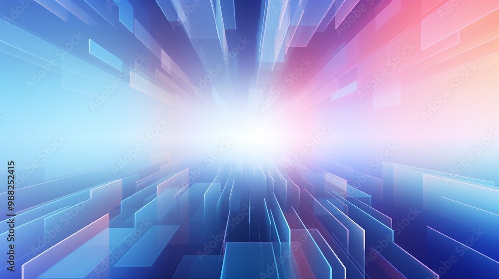 Obraz premium Beautiful rays illuminate universal abstract gray-blue background for presentations, rail track and cityscape of tokyo from speed train.