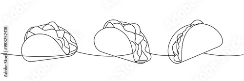 Mexican tacos one line continuous drawing. Tacos tortilla with meat with vegetables. Vector linear illustration.