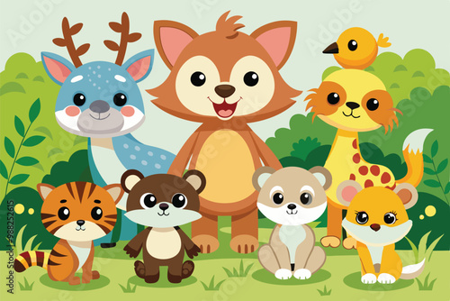 A delightful group of cute cartoon animals gather together in a vibrant forest, smiling and enjoying their playful time in nature.