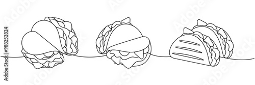 Grilled beef tacos one line continuous drawing. Tacos with meat, vegetable and tortilla. Vector linear illustration.