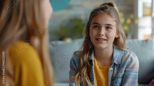 Child attending therapy session with psychologist. Cheerful teenage girl talks to female psychologist talking about positive emotions she felt. Child and the therapist are sitting