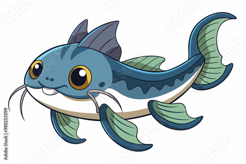 A cute cartoon catfish swims joyfully, showcasing vibrant colors and playful features against a clean, white backdrop.