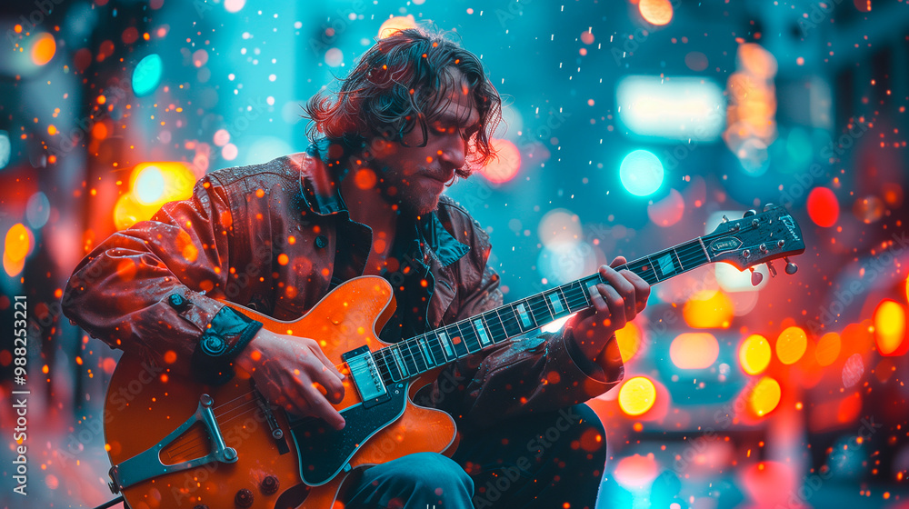 Obraz premium Musician with long hair playing a guitar on a city street with colorful bokeh lights. Concepts of street art, urban culture, and musical passion.