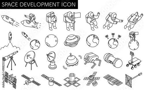 Simple line drawing in black and whites of astronauts, satellites, and other space development, isometric illustration set