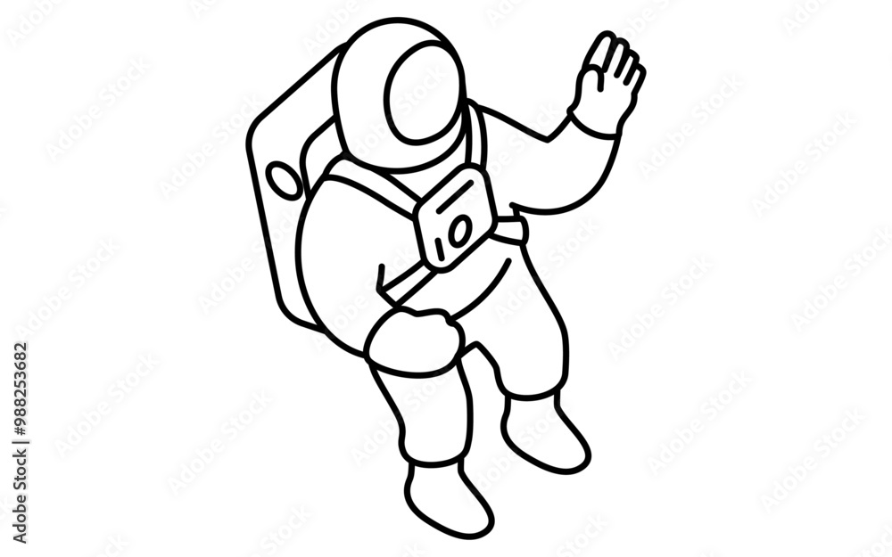 Fototapeta premium 手を振る宇宙飛行士のシンプルな白黒線画、アイソメイラスト