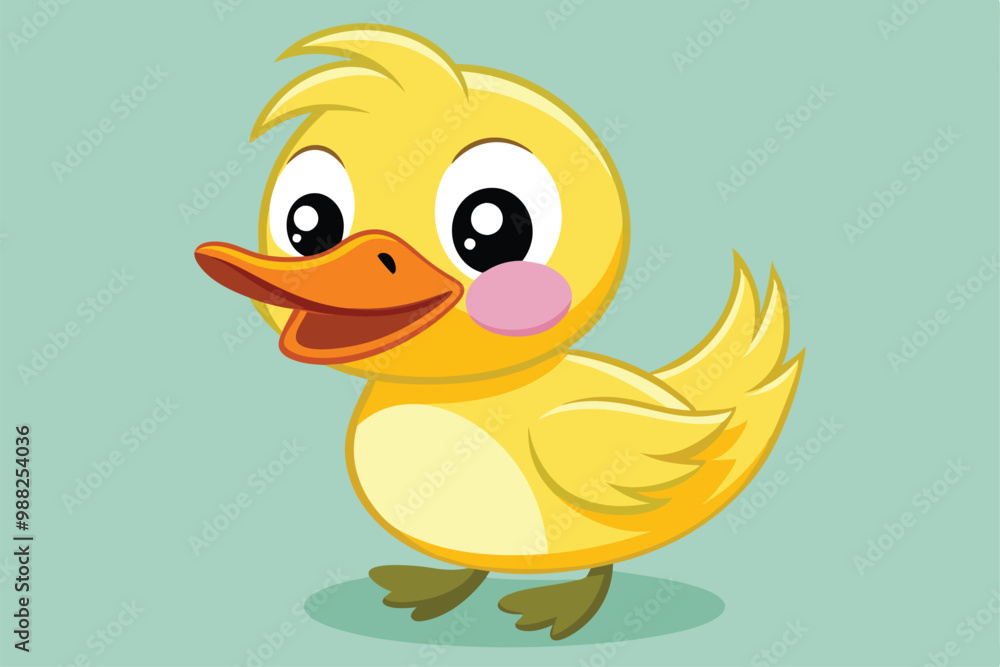 Fototapeta premium A cheerful yellow cartoon duck stands with a bright expression, showcasing its adorable features and charming personality against a light green backdrop.