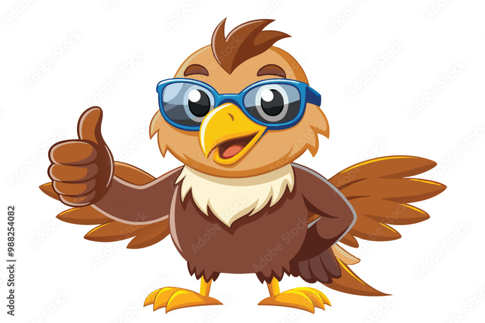 Fototapeta premium A cheerful cartoon eagle wearing sunglasses smiles and gives a thumbs up, embodying positivity and fun in a vibrant outdoor atmosphere.