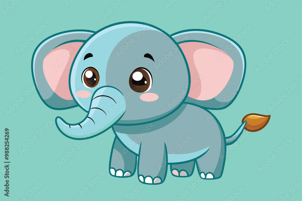 A charming cartoon elephant with big eyes and rosy cheeks appears cheerful, set against a tranquil turquoise background. A charming cartoon elephant with big eyes and rosy cheeks appears cheerful, set against a tranquil turquoise background.