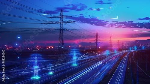 High angle view of highway at sunset with electric towers and fast moving cars for representing urban transportation energy infrastructure and modern mobility flow concept.