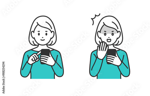 スマホを見る･ショックのポーズをする若い女性のセット【人物ベクターイラスト素材】